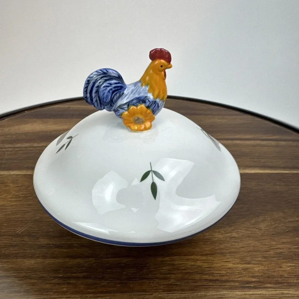 Ceramic Rooster Canister SM Replacement Lid‎ White Blue Farmhouse Kitchen Decor